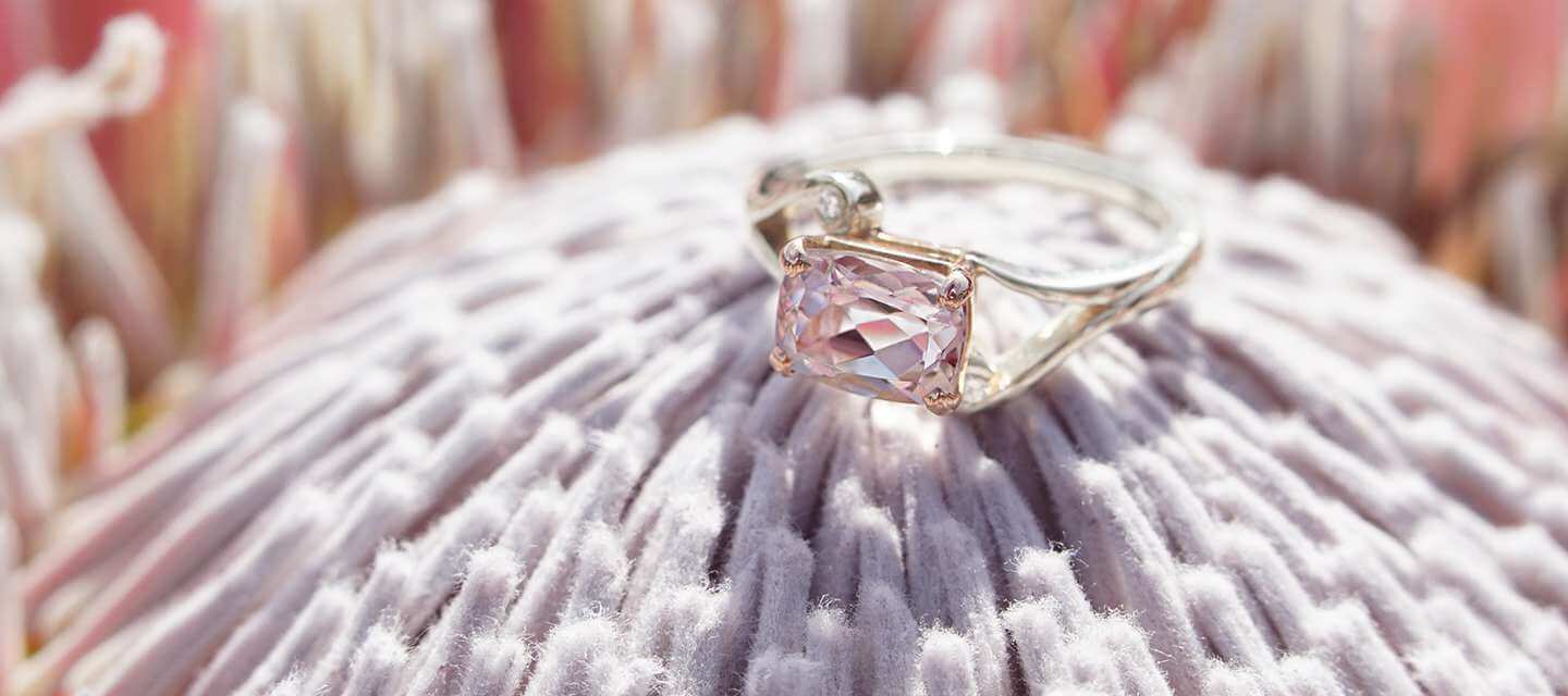 morganite white gold ring on woven ball