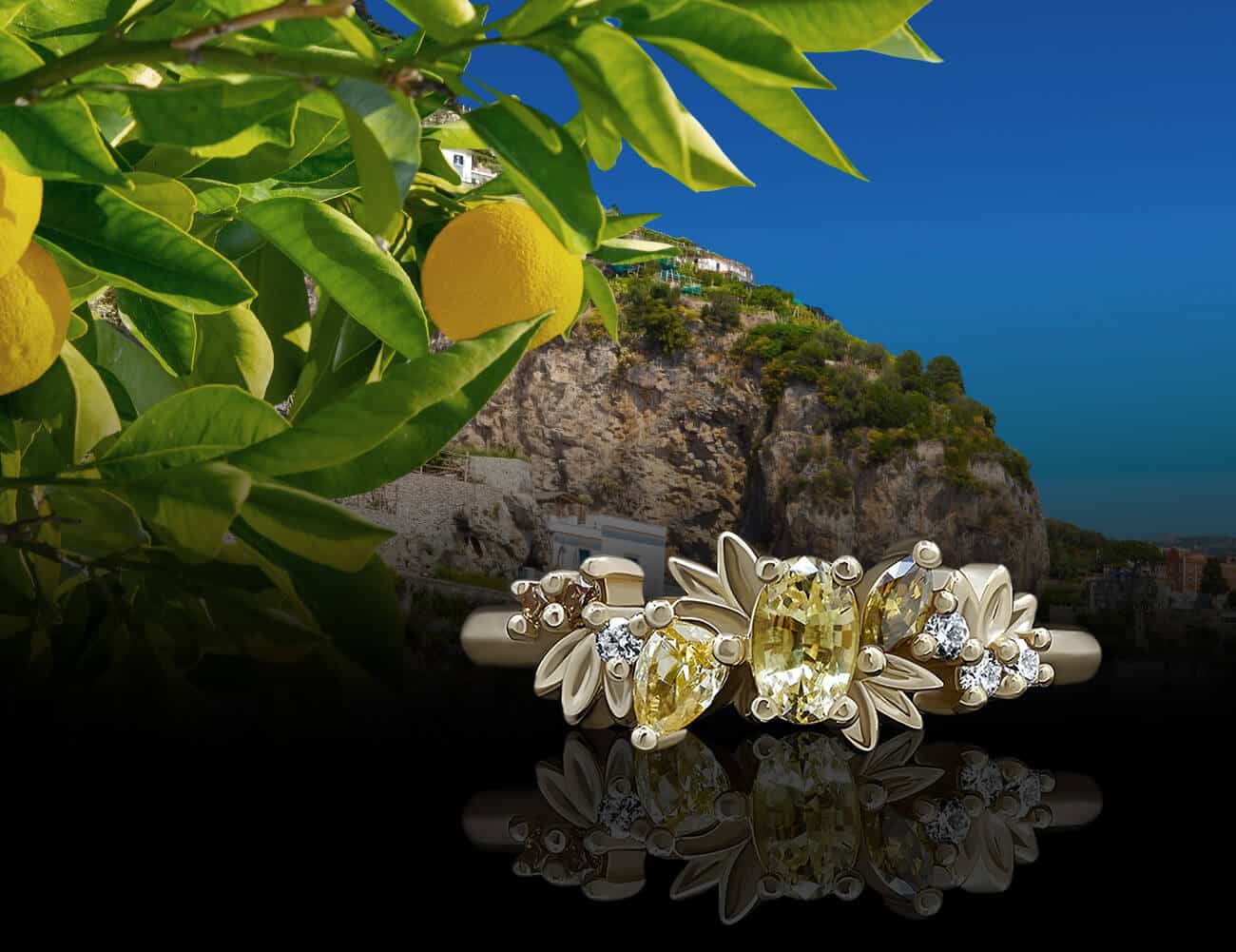 green sapphire floral ring with Amalfi coastline