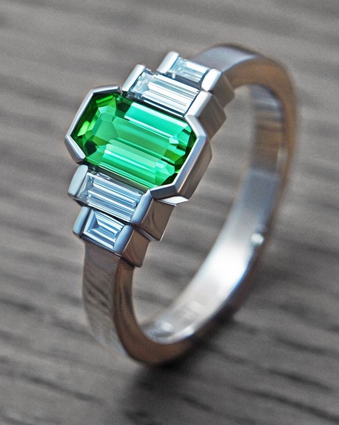 art deco fan shaped green gemstone and diamond ring