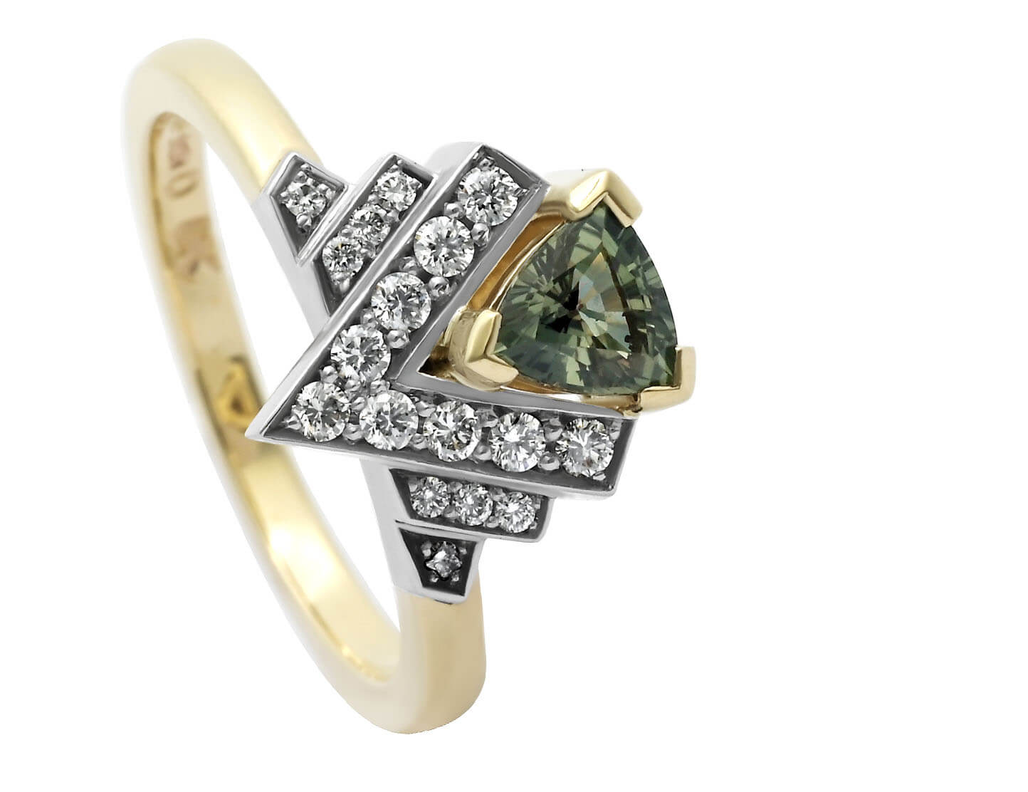 trilliant green sapphire in art deco styled gold ring