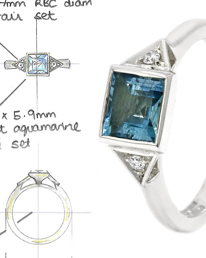 sketch and aquamarine square shaped ring