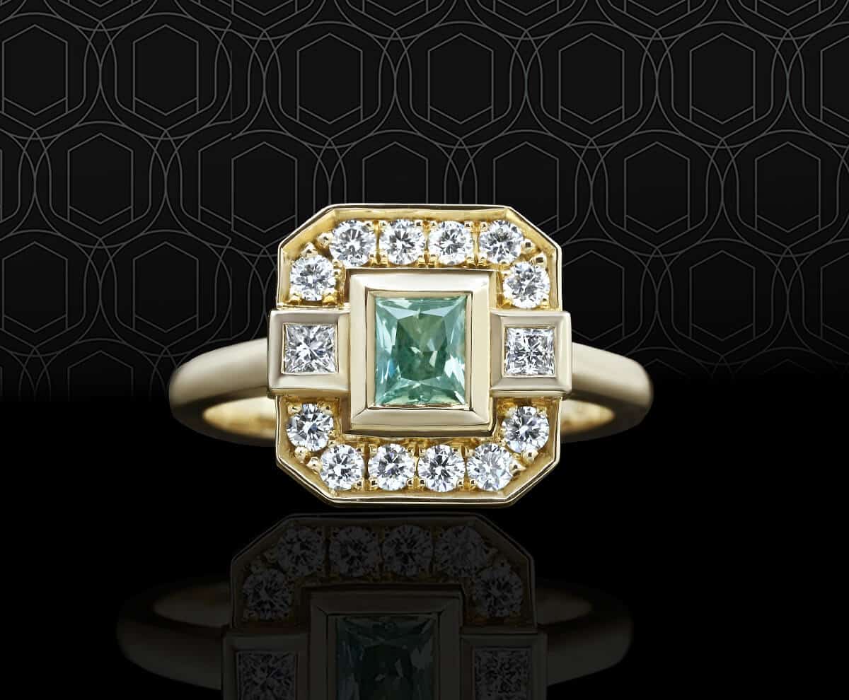 green sapphire art deco styled gold engagement ring