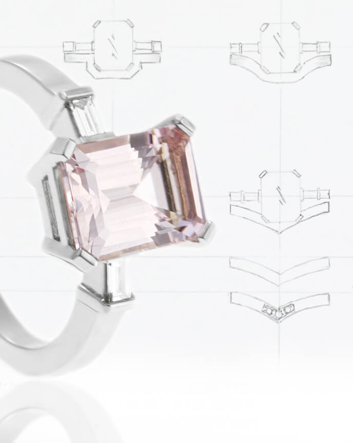 pale pink morganite engagement ring with sketch