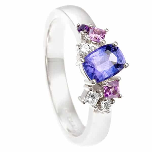 Sapphires and diamond mixed colour engagement ring | Cushion Cut Engagement Ring