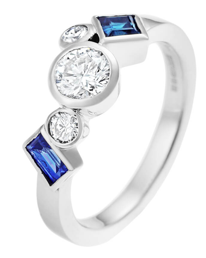 scatter set blue and diamond engagement ring