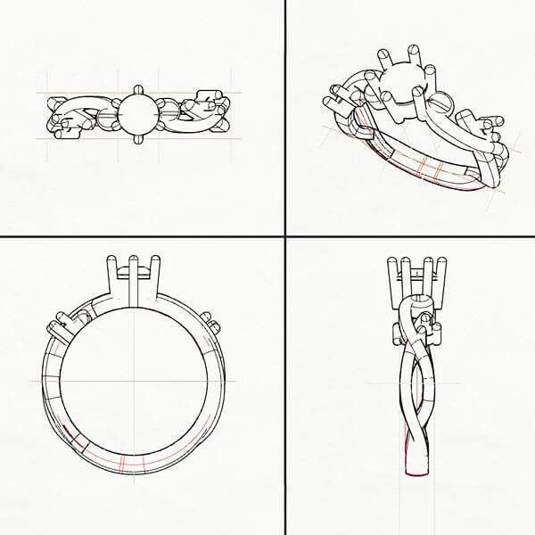 four view CAD drawing of a ring