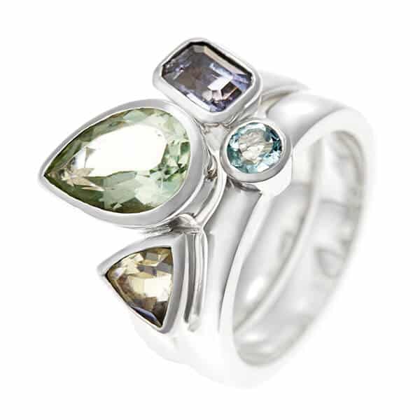 dramatic mixed colour and cut gemstone silver ring