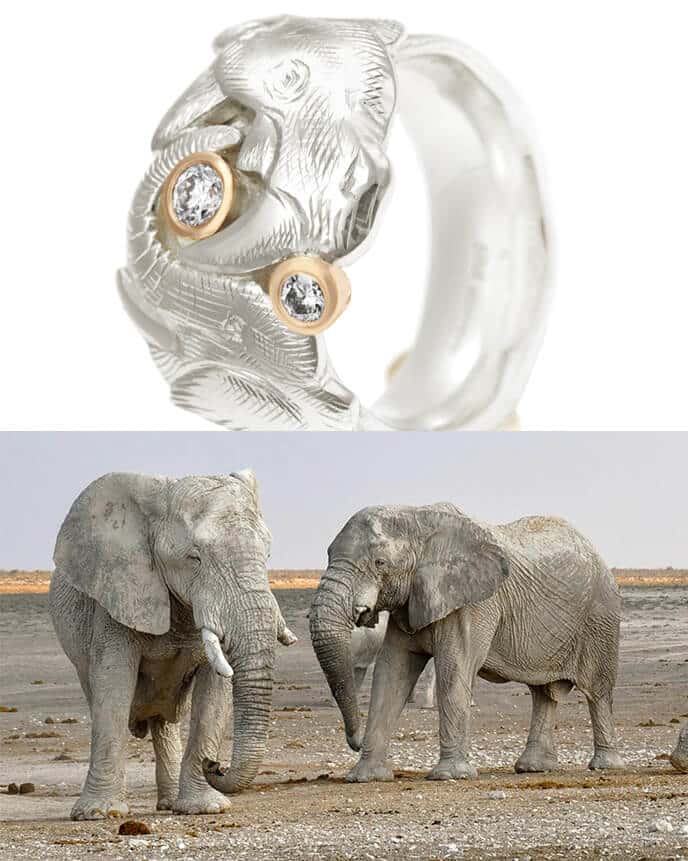 elephant shaped ring with pair of African elephants