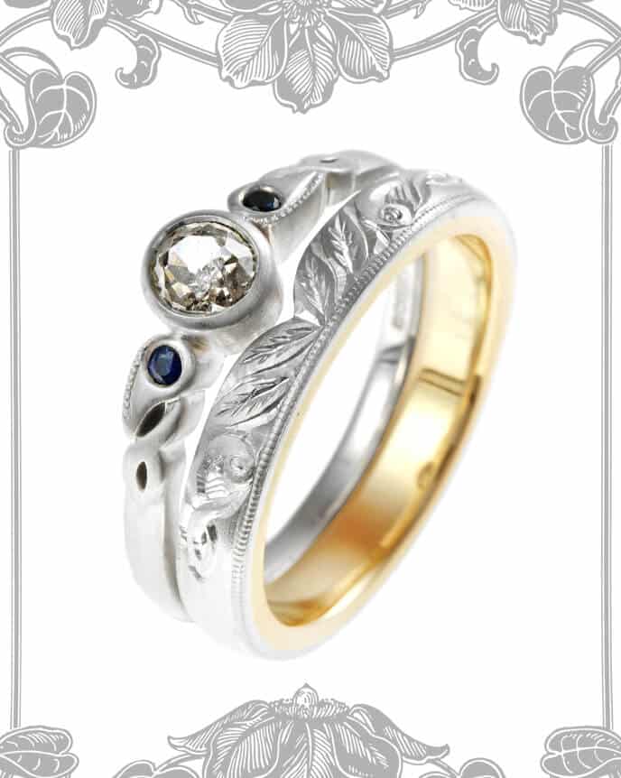 Art nouveau style fantasy elfish engagement ring with flower frame