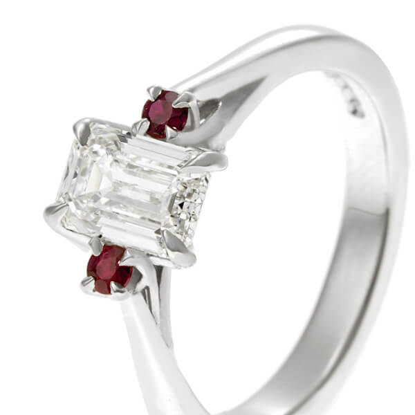 emerald cut diamond trilogy with rubies