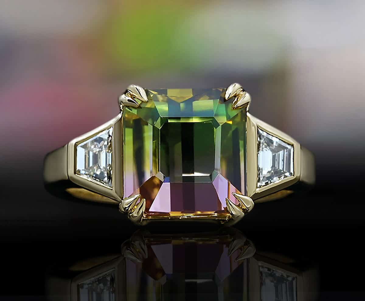 pink and green square tourmaline and diamond ring