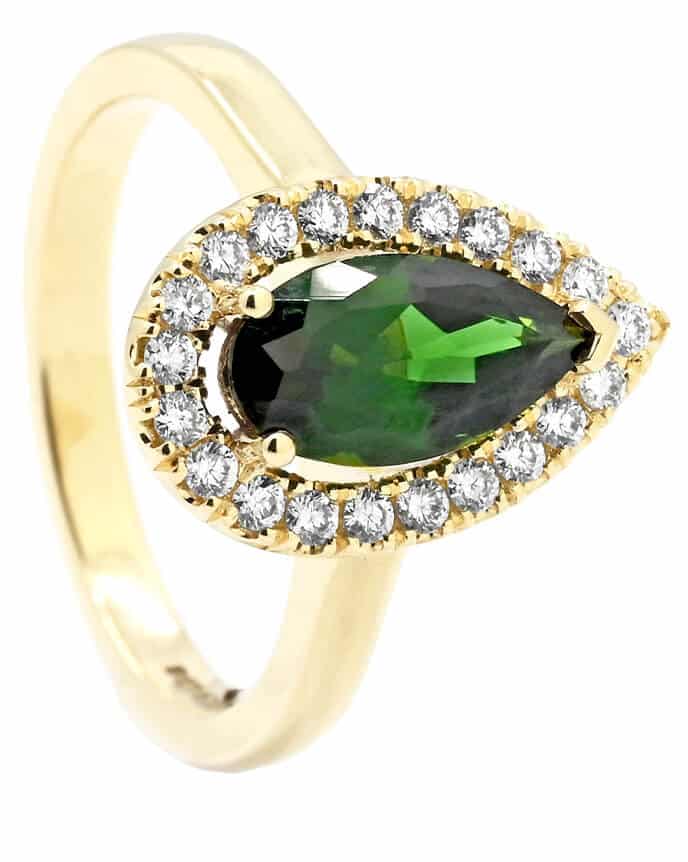 deep green pear cut gemstone halo ring