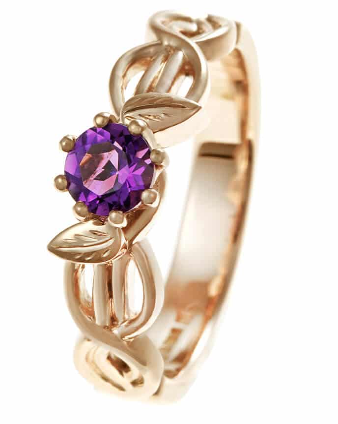 intricate leaf shaped gold and amethyst ring