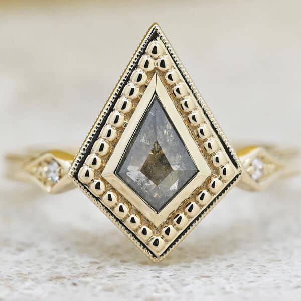 kite shaped salt and pepper black diamond ring