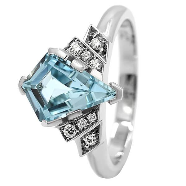 Art deco design with kite shaped aquamarine and diamond ring