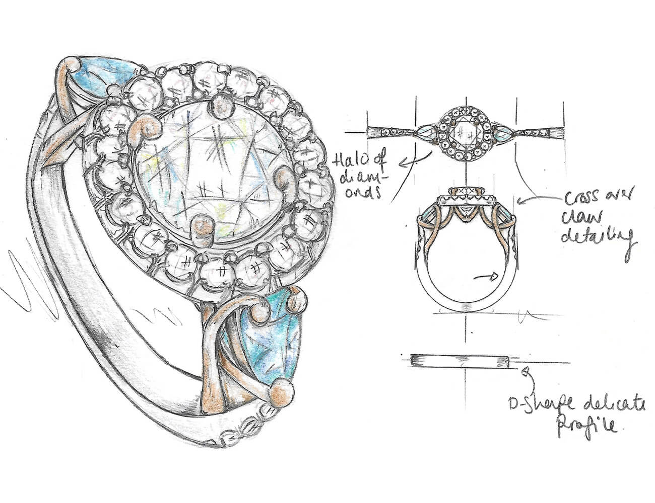 hand drawn sketch of a halo engagement ring