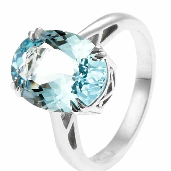 large pale aquamarine in platinum ring