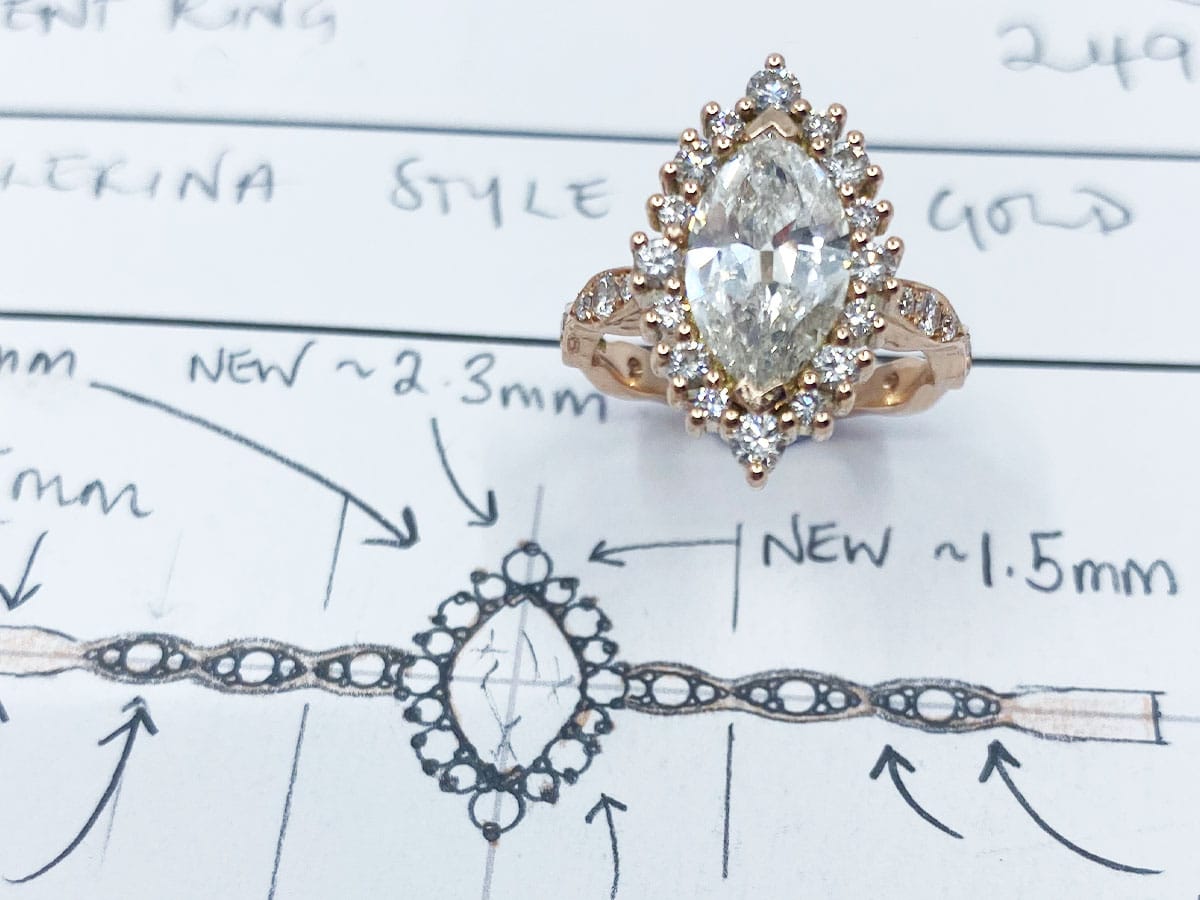 antique style marquise cut ring on sketch