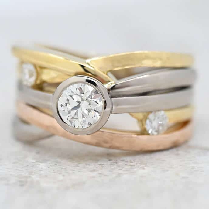 modern interweaved three gold colour diamond ring