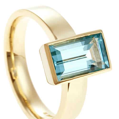 rectangular blue topaz with flat gold band