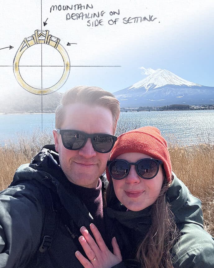 Couple with Mount Fuji and mountain detailed engagement ring