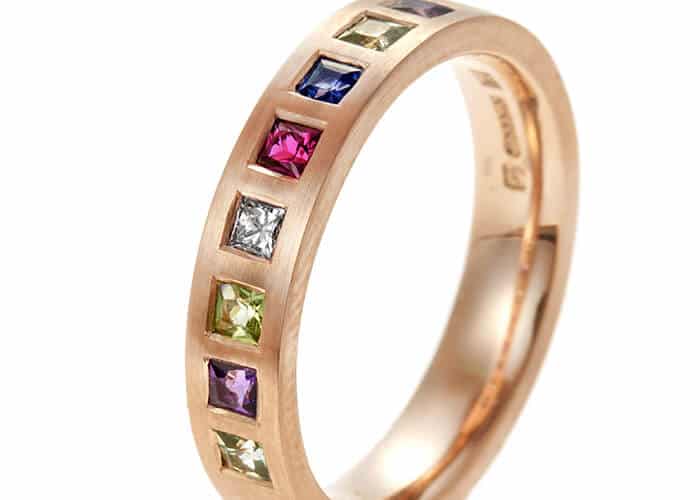 Multi gemstone eternity ring in rose gold