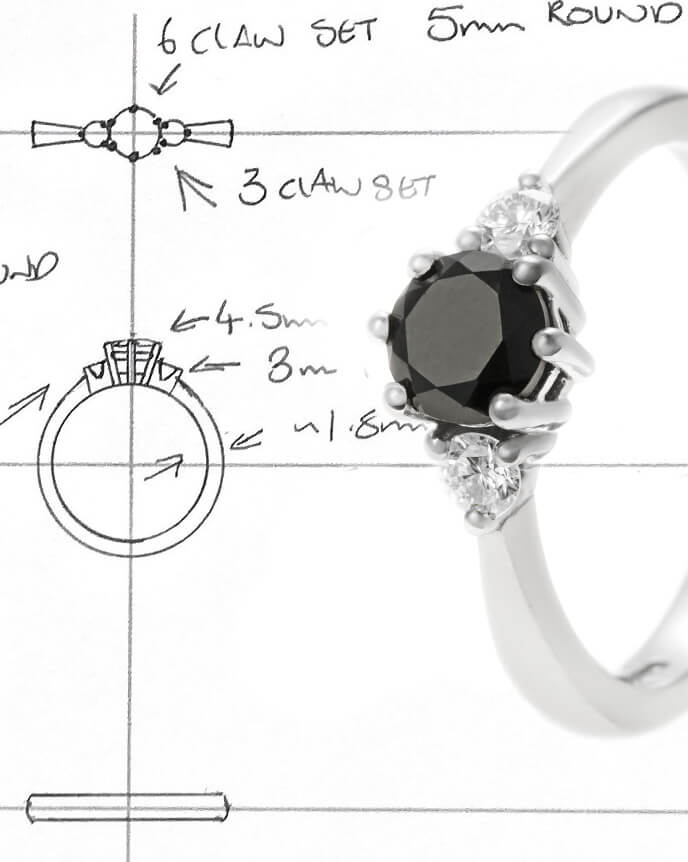 black onyx and diamond ring with sketch