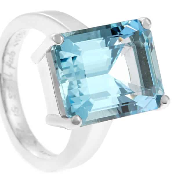 large emerald cut aquamarine in platinum ring