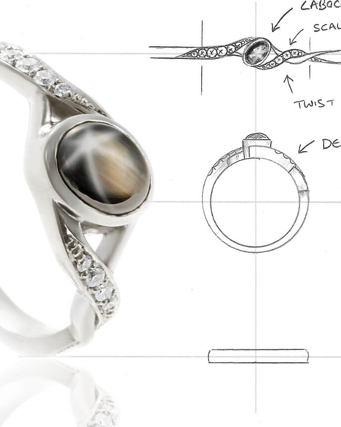 star sapphire ring with sketch