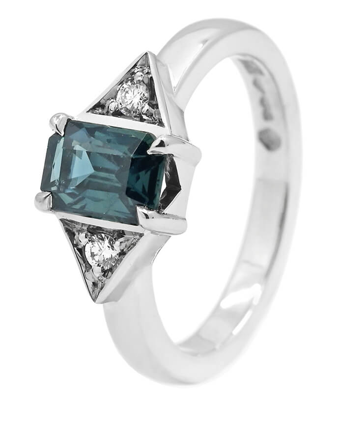 teal sapphire and diamond art deco shaped ring