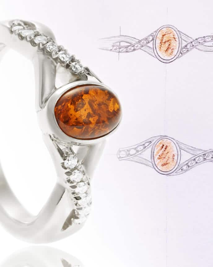 Twist style ring design with amber ring