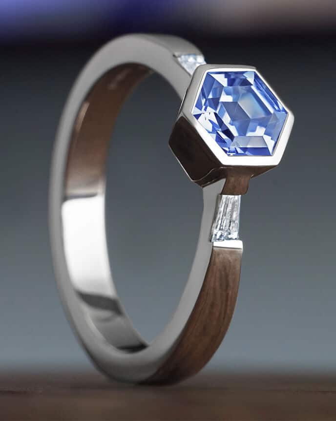 hexagonal blue sapphire engagement ring