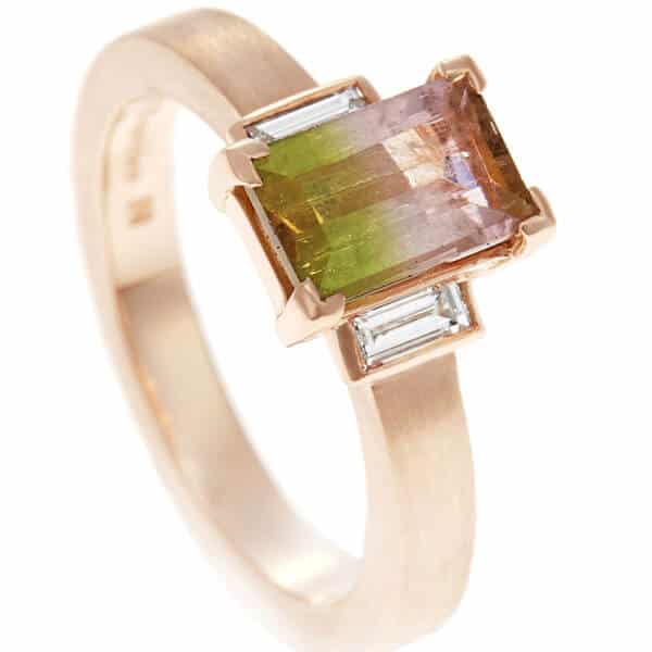 pink and green tourmaline trilogy ring