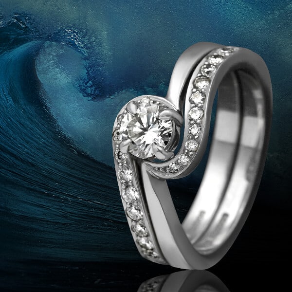 waved shaped diamond bridal set with blue wave