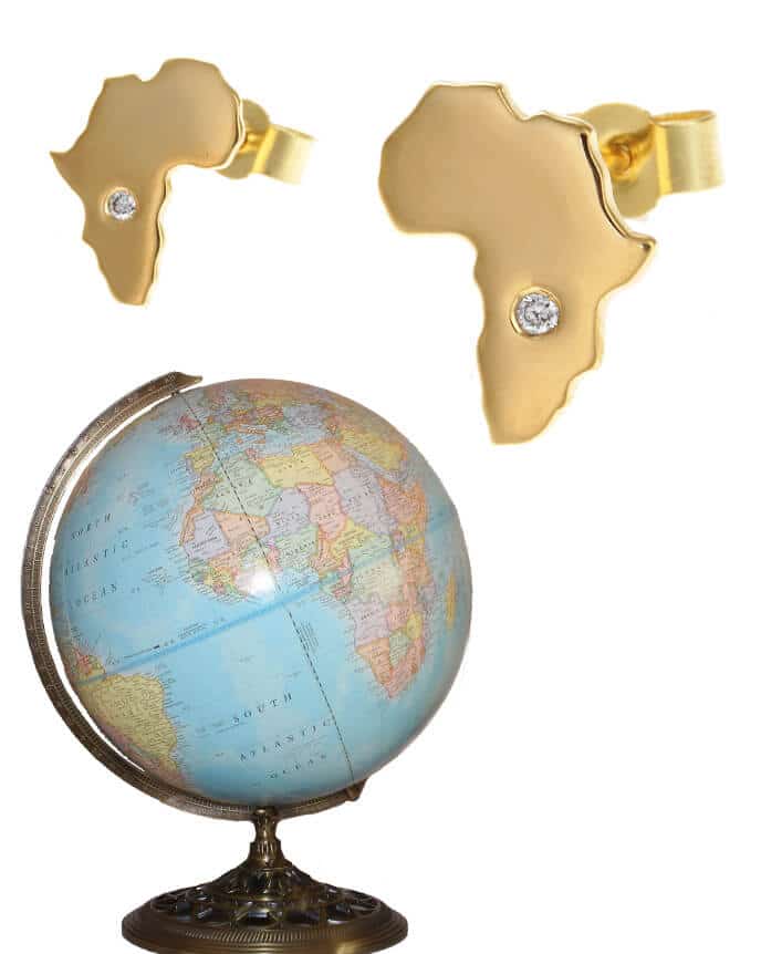 Africa shaped gold earring pair with globe