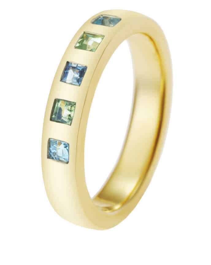 aquamarine and peridot gold five stone ring