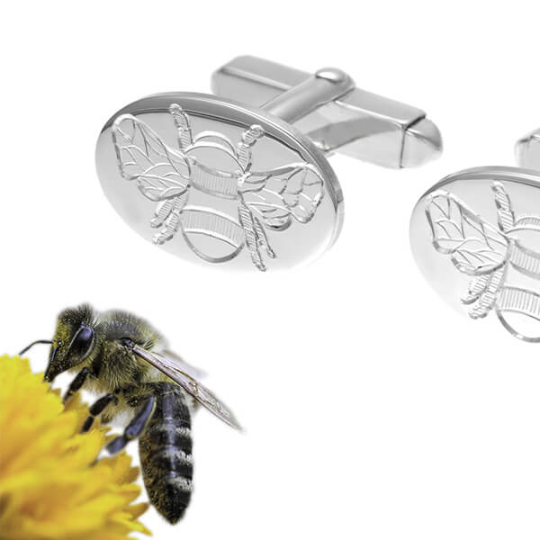 bee engraved silver oval cufflinks and bee on flower