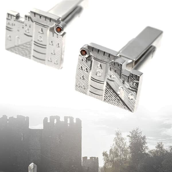 castle scene engraved on rectangular silver cufflinks