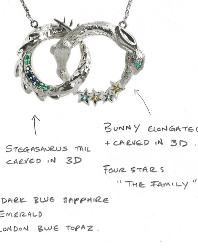 childs fantasy inspired jewellery design with annotation