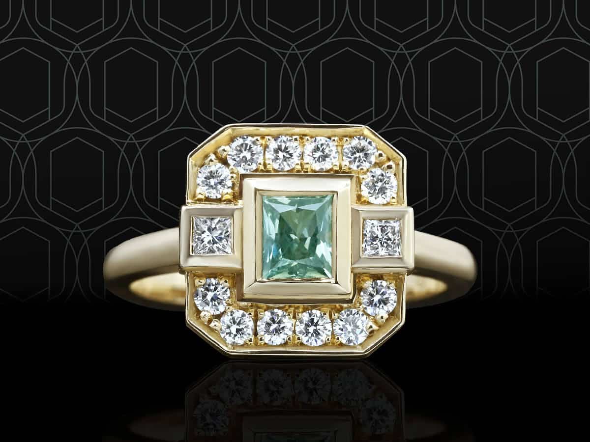 green princess cut sapphire with diamond halo engagement ring