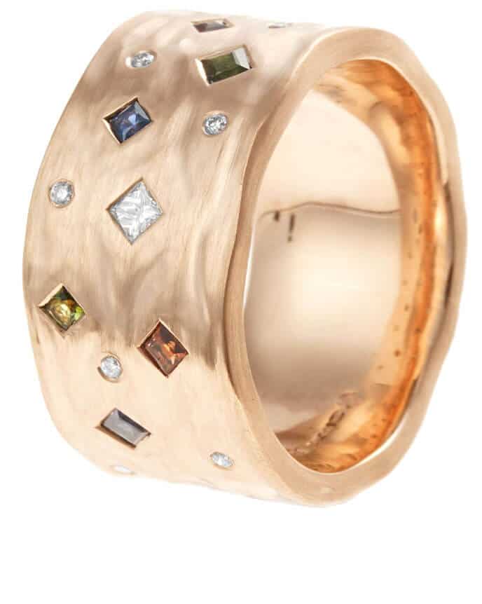 wide hammered rose gold ring with scatter set gems