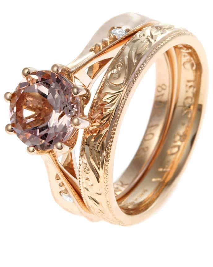 intricately engraved morganite bridal set