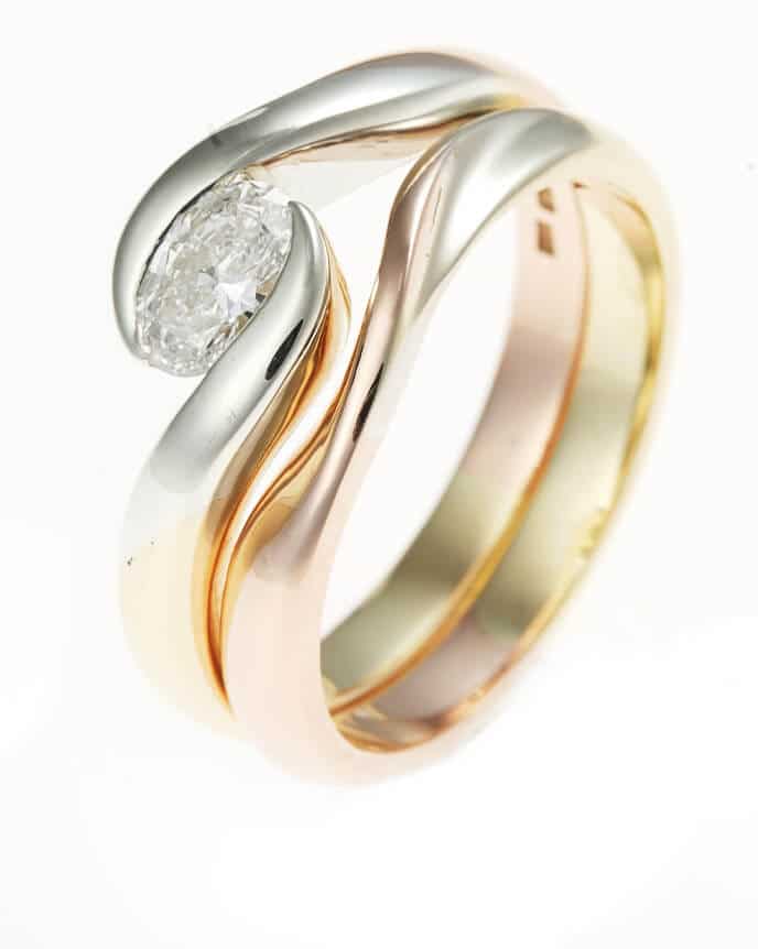 rose, white and yellow gold diamond bridal set