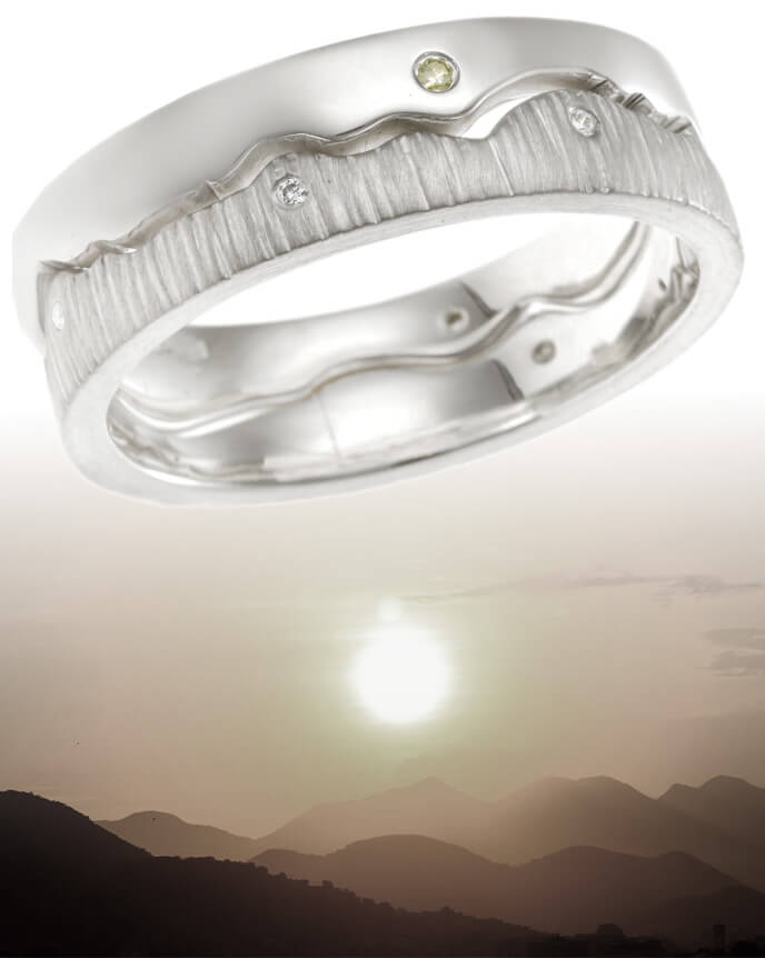 double textured landscaped shaped ring set with sunset