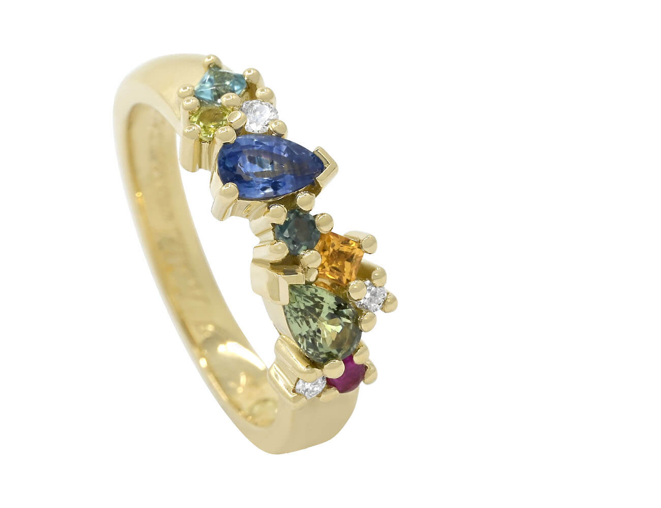 mixed cut multicoloured gemstone and gold ring