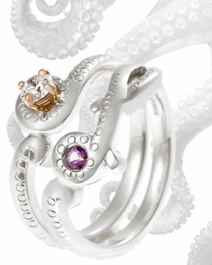 octopus tentacle shaped gemstone set wedding ring