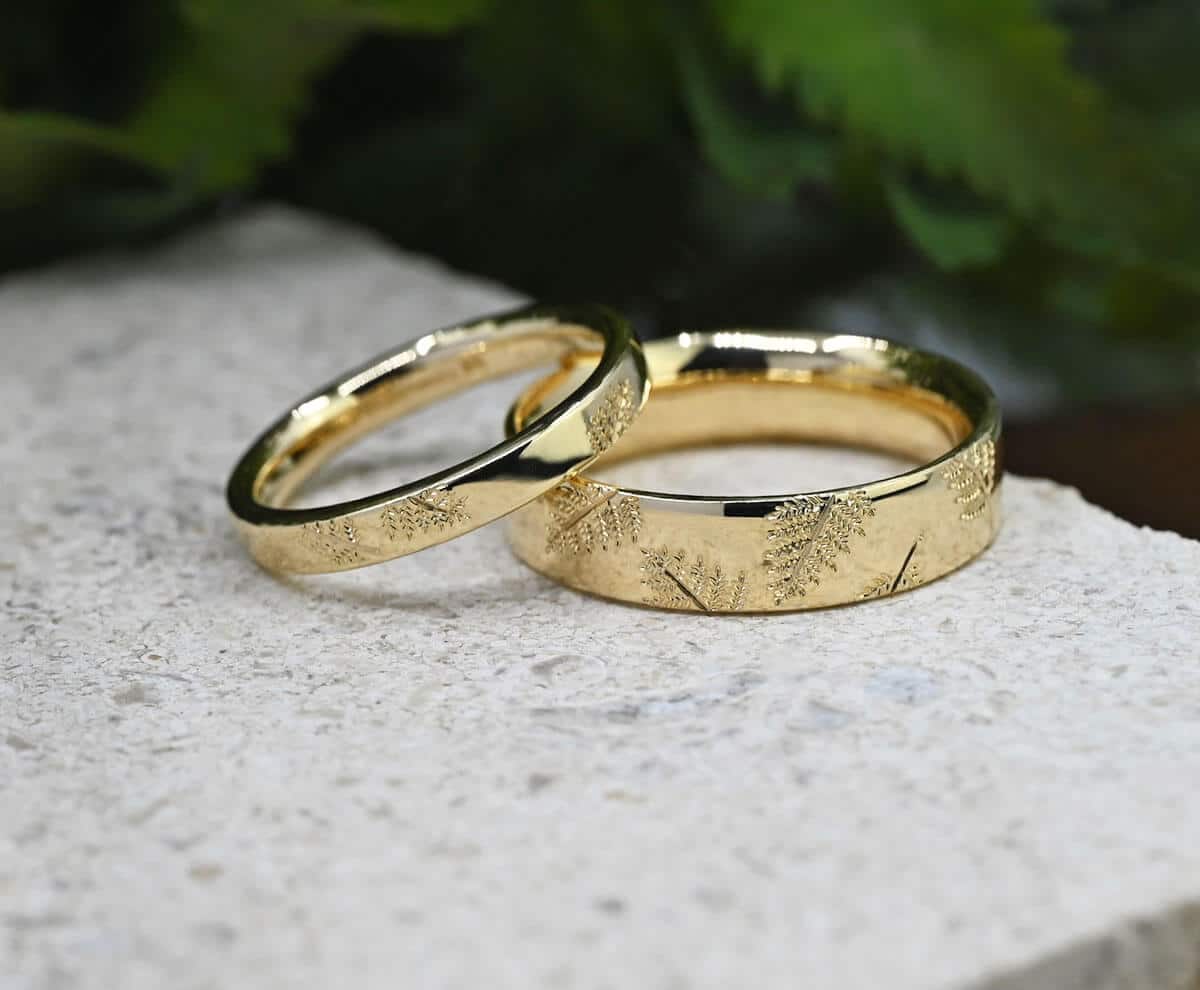 fern engraved yellow gold wedding ring