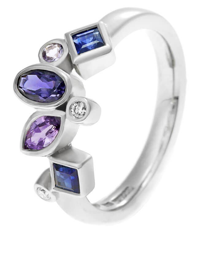 modern blue and purple sapphire platinum eternity ring