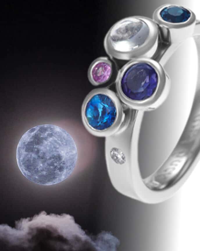 planet and eclipse inspired cabochon stone ring with night sky