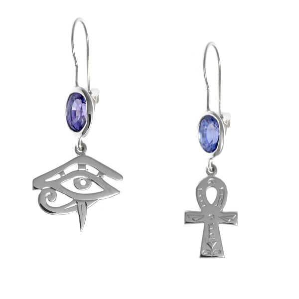 ankh shaped travel inspired earrings with purple gemstone